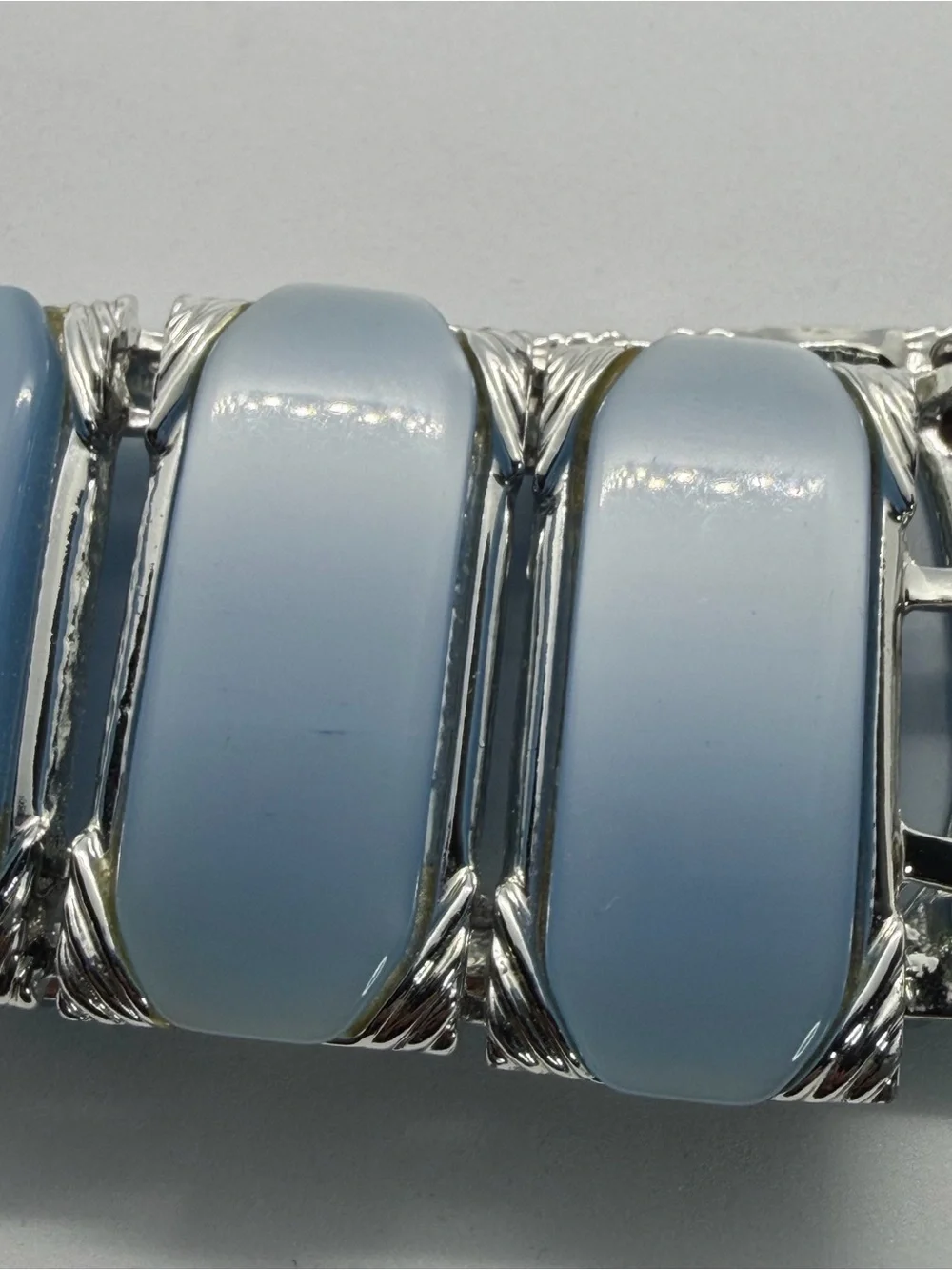 Vintage Blue Thermoset Panel Bracelet Silver Tone Mid Century